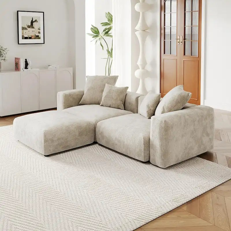 Comfy Corduroy Upholstered Deep Seat Sofa & Couch With Wood Legs and 4 Pillows