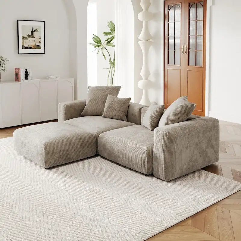 Comfy Corduroy Upholstered Deep Seat Sofa & Couch With Wood Legs and 4 Pillows