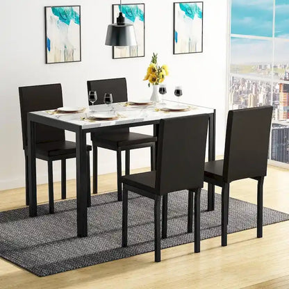 Mieres 5-Piece Dining Table Set with Faux Marble Top and 4 PU Leather Upholstery Chairs for Kitchen Dining Room