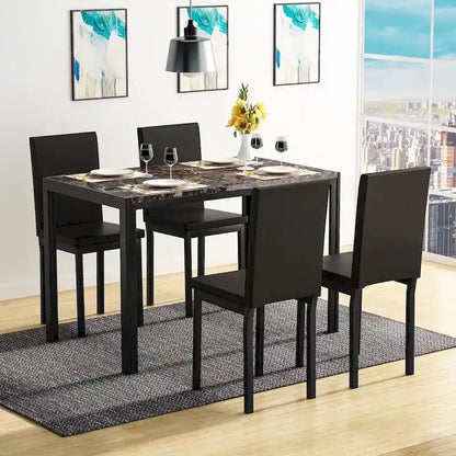 Mieres 5-Piece Dining Table Set with Faux Marble Top and 4 PU Leather Upholstery Chairs for Kitchen Dining Room