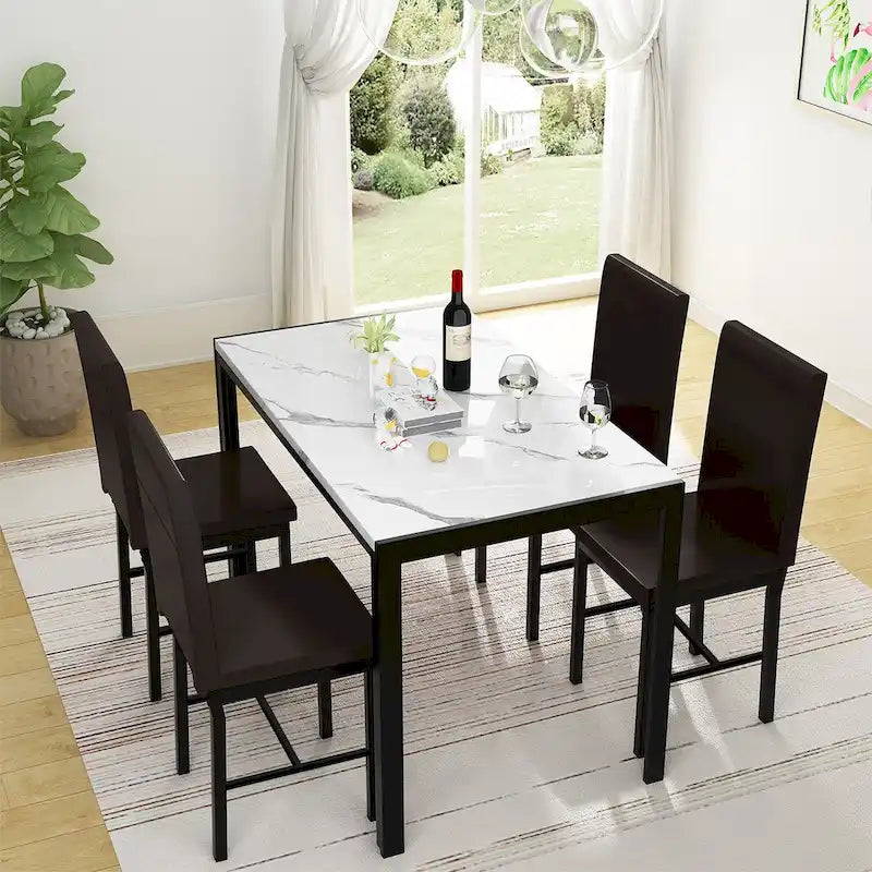 Mieres 5-Piece Dining Table Set with Faux Marble Top and 4 PU Leather Upholstery Chairs for Kitchen Dining Room