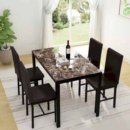 Mieres 5-Piece Dining Table Set with Faux Marble Top and 4 PU Leather Upholstery Chairs for Kitchen Dining Room