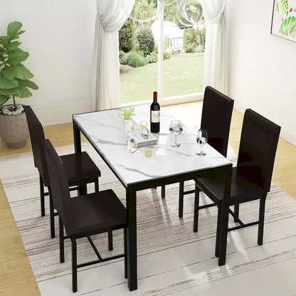 Mieres 5-Piece Dining Table Set with Faux Marble Top and 4 PU Leather Upholstery Chairs for Kitchen Dining Room