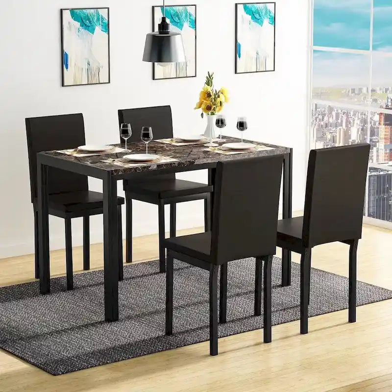 Mieres 5-Piece Dining Table Set with Faux Marble Top and 4 PU Leather Upholstery Chairs for Kitchen Dining Room