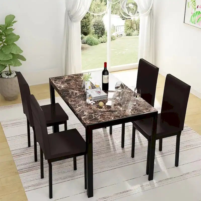 Mieres 5-Piece Dining Table Set with Faux Marble Top and 4 PU Leather Upholstery Chairs for Kitchen Dining Room