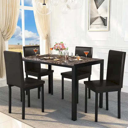 Mieres 5-Piece Dining Table Set with Faux Marble Top and 4 PU Leather Upholstery Chairs for Kitchen Dining Room