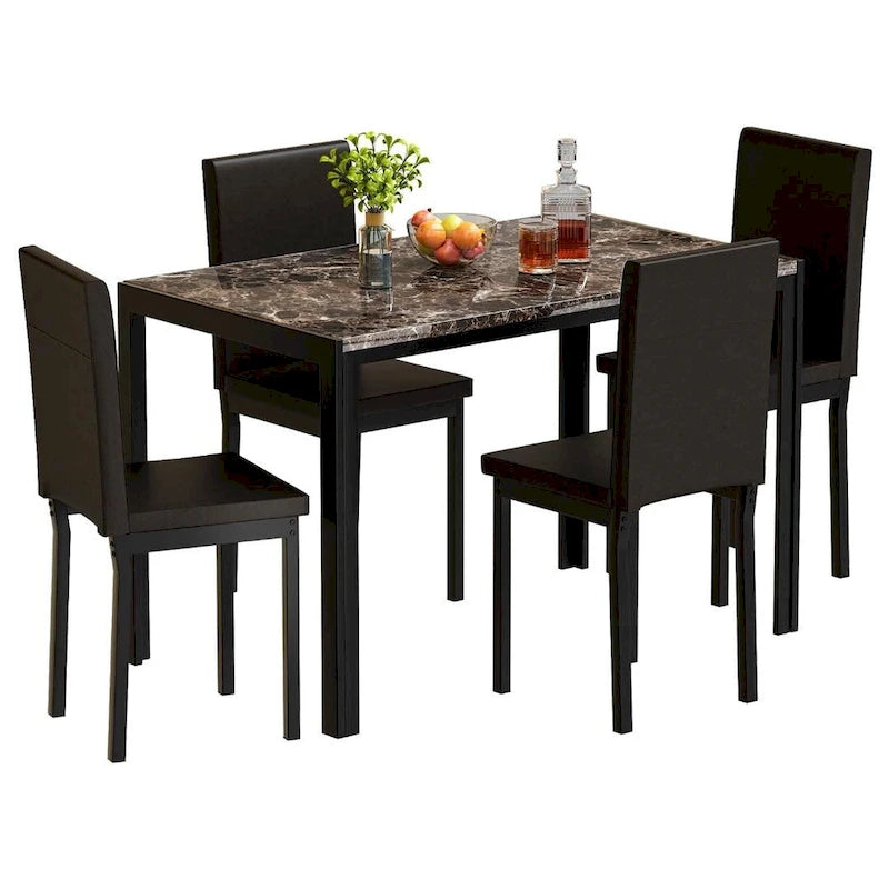 Mieres 5-Piece Dining Table Set with Faux Marble Top and 4 PU Leather Upholstery Chairs for Kitchen Dining Room