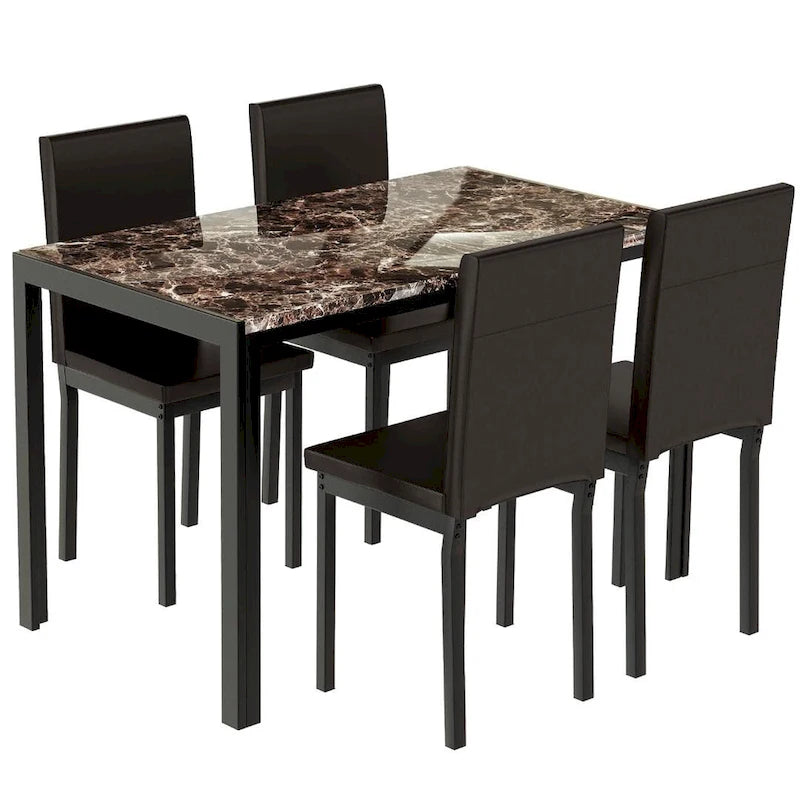 Mieres 5-Piece Dining Table Set with Faux Marble Top and 4 PU Leather Upholstery Chairs for Kitchen Dining Room