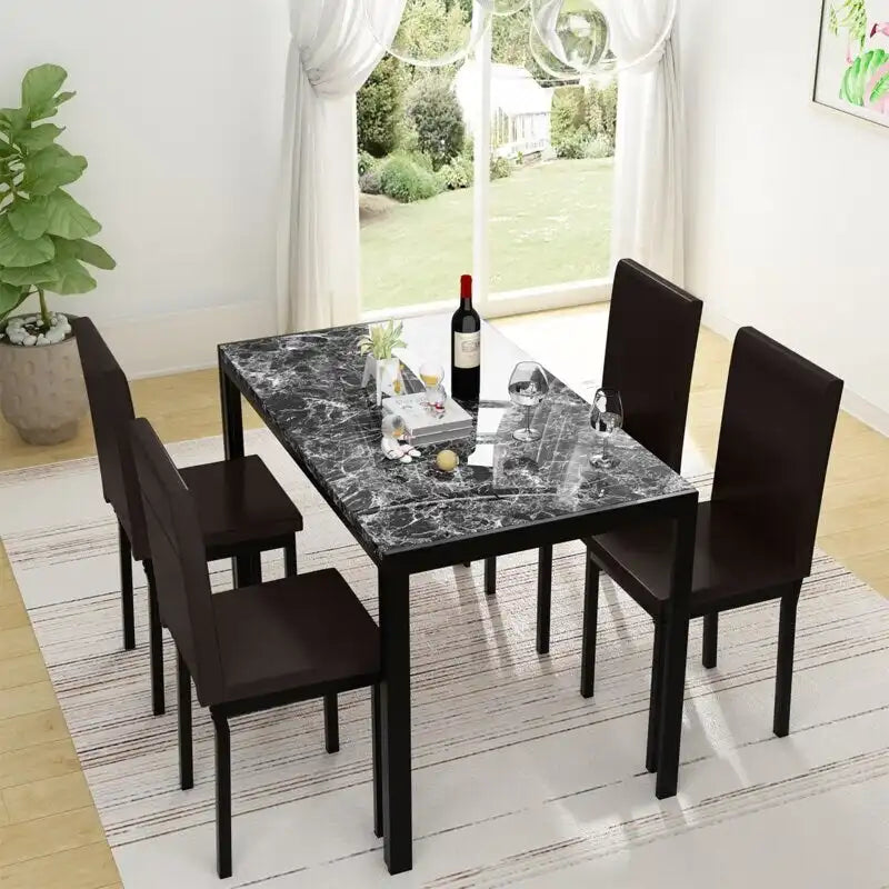 Mieres 5-Piece Dining Table Set with Faux Marble Top and 4 PU Leather Upholstery Chairs for Kitchen Dining Room