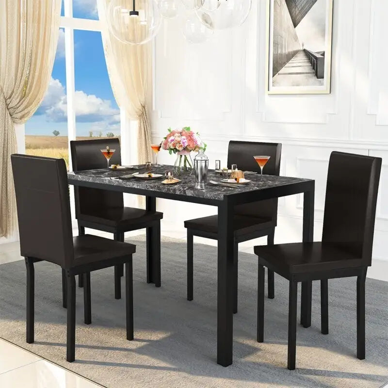 Mieres 5-Piece Dining Table Set with Faux Marble Top and 4 PU Leather Upholstery Chairs for Kitchen Dining Room