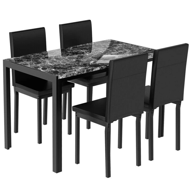Mieres 5-Piece Dining Table Set with Faux Marble Top and 4 PU Leather Upholstery Chairs for Kitchen Dining Room