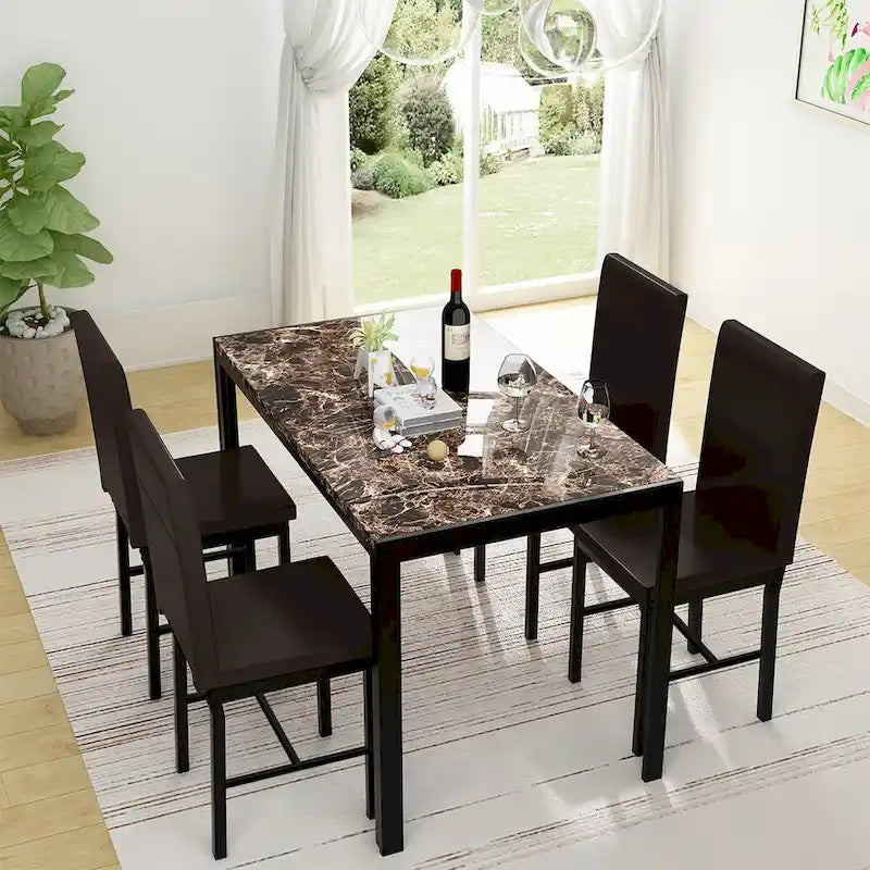 Mieres 5-Piece Dining Table Set with Faux Marble Top and 4 PU Leather Upholstery Chairs for Kitchen Dining Room