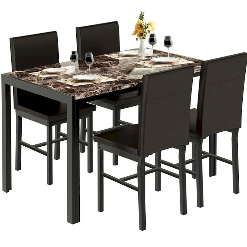 Mieres 5-Piece Dining Table Set with Faux Marble Top and 4 PU Leather Upholstery Chairs for Kitchen Dining Room