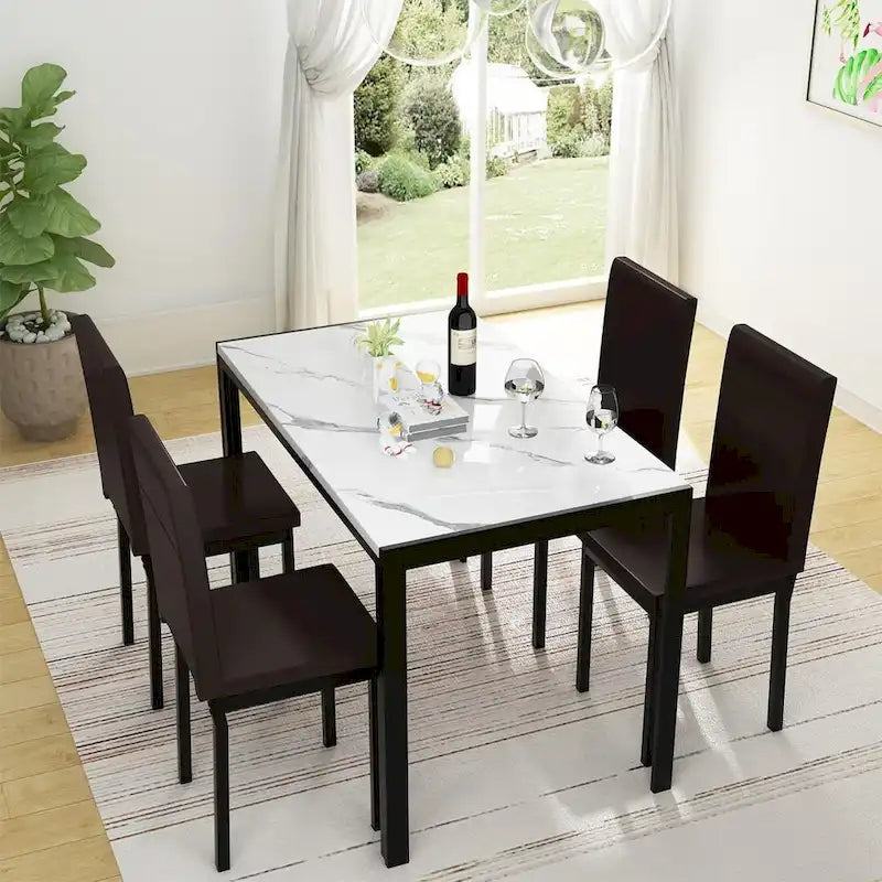 Mieres 5-Piece Dining Table Set with Faux Marble Top and 4 PU Leather Upholstery Chairs for Kitchen Dining Room