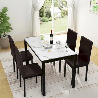 Mieres 5-Piece Dining Table Set with Faux Marble Top and 4 PU Leather Upholstery Chairs for Kitchen Dining Room