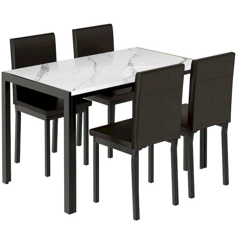 Mieres 5-Piece Dining Table Set with Faux Marble Top and 4 PU Leather Upholstery Chairs for Kitchen Dining Room