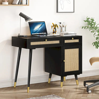 Modern Computer Desk with Drawers Wood Rattan Home Office Desk Writing Desk with File Cabinet