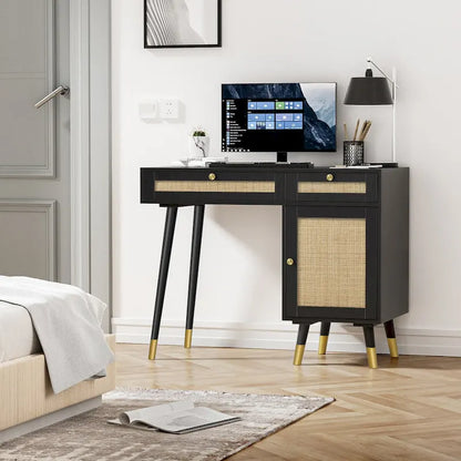 Modern Computer Desk with Drawers Wood Rattan Home Office Desk Writing Desk with File Cabinet