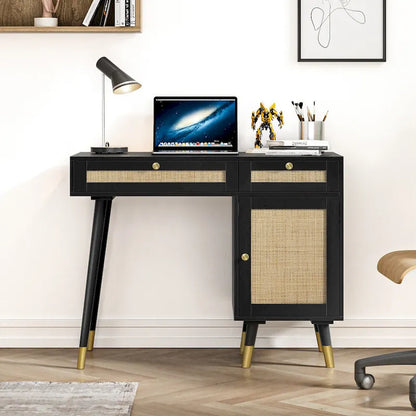 Modern Computer Desk with Drawers Wood Rattan Home Office Desk Writing Desk with File Cabinet