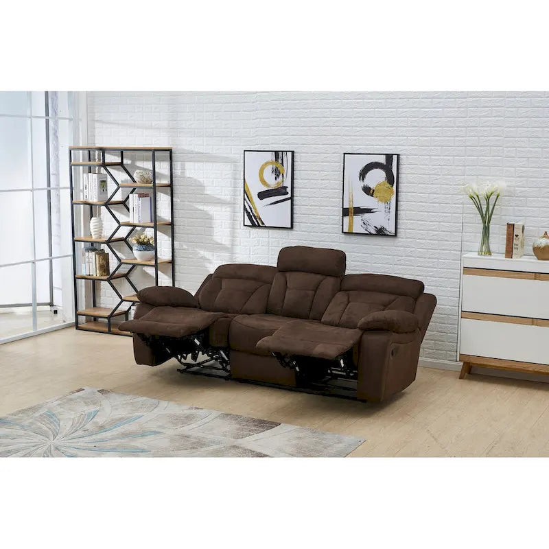 Betsy Furniture Microfiber Manual Rclining 3-seat Sofa Couch in Dark Brown 8005