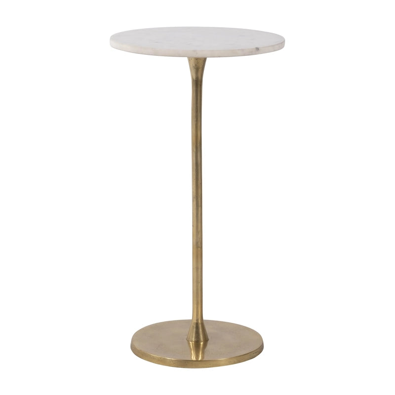Gold and White 24H Round Drink Accent Table with Aluminum/Stone Construction for Elegant and Purposeful Living Space