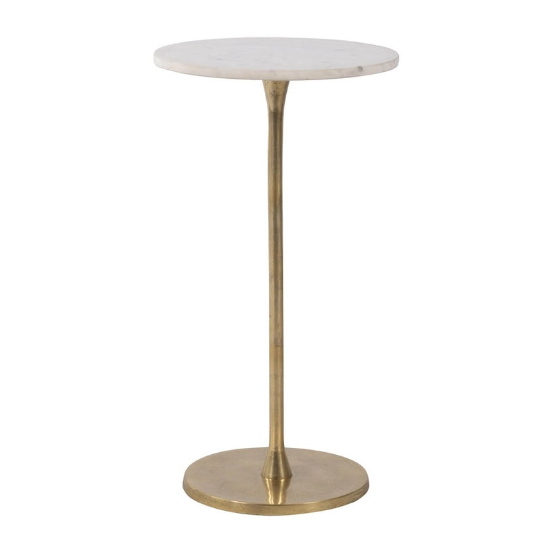 Gold and White 24H Round Drink Accent Table with Aluminum/Stone Construction for Elegant and Purposeful Living Space
