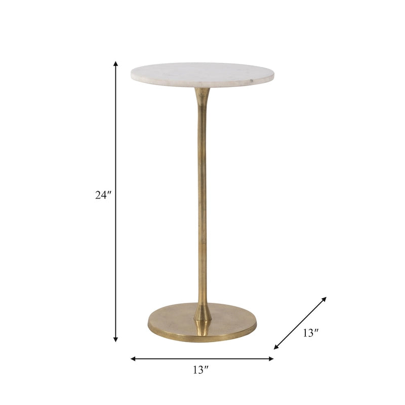 Gold and White 24H Round Drink Accent Table with Aluminum/Stone Construction for Elegant and Purposeful Living Space