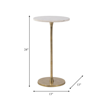 Gold and White 24H Round Drink Accent Table with Aluminum/Stone Construction for Elegant and Purposeful Living Space