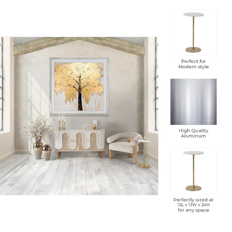 Gold and White 24H Round Drink Accent Table with Aluminum/Stone Construction for Elegant and Purposeful Living Space
