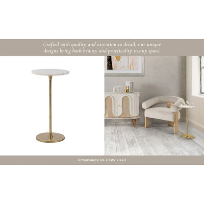 Gold and White 24H Round Drink Accent Table with Aluminum/Stone Construction for Elegant and Purposeful Living Space