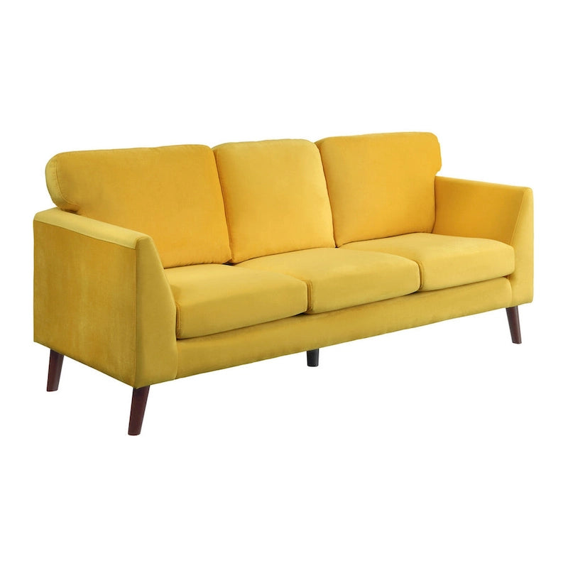 Bard 81 Inch Sofa, Yellow Velvet, Reversible Cushions, Dark Brown Wood