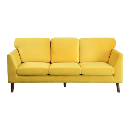 Bard 81 Inch Sofa, Yellow Velvet, Reversible Cushions, Dark Brown Wood
