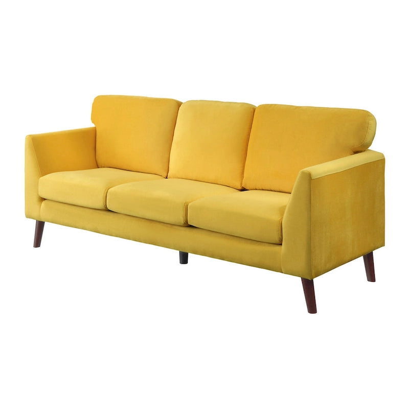 Bard 81 Inch Sofa, Yellow Velvet, Reversible Cushions, Dark Brown Wood