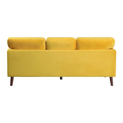 Bard 81 Inch Sofa, Yellow Velvet, Reversible Cushions, Dark Brown Wood