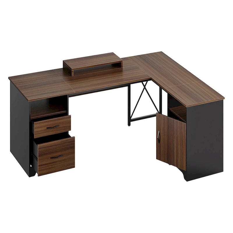 63 L Shaped Home Office Desk with File&Storage Drawers and Cabinet, Computer Desk with Monitor Stand and Open Compartments