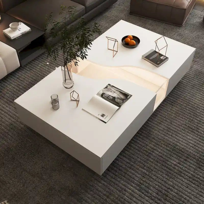Luminous Chic: White Dual-Drawer Coffee Table with LED Display Top