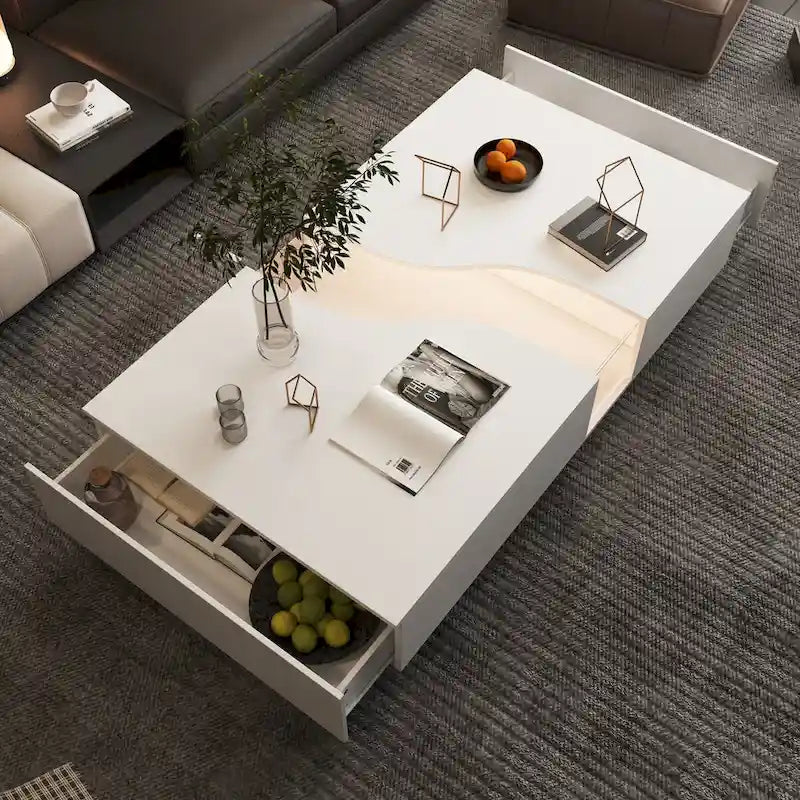 Luminous Chic: White Dual-Drawer Coffee Table with LED Display Top