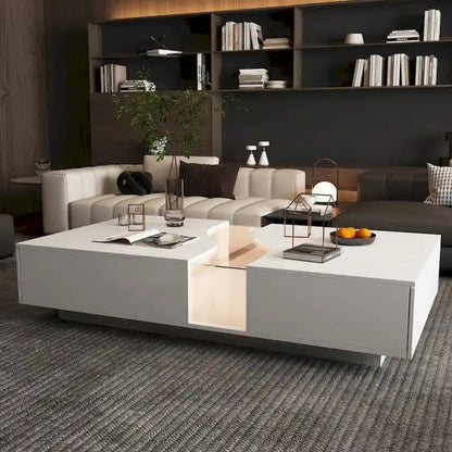 Luminous Chic: White Dual-Drawer Coffee Table with LED Display Top
