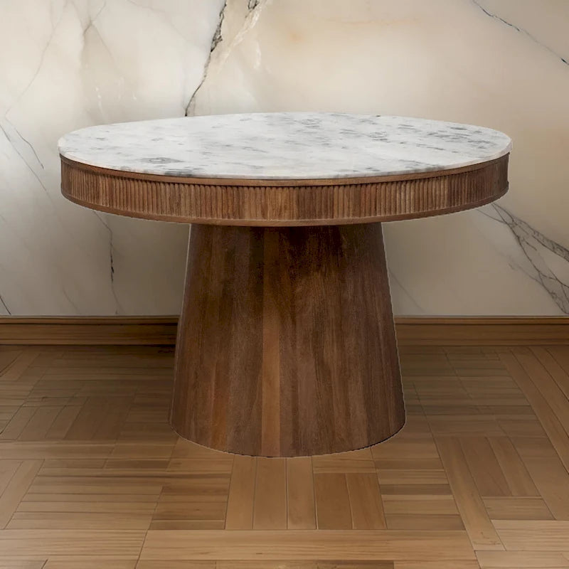 Evi 46 Inch Dining Table, Round Marble Top, Pedestal Base, Fluted, Brown