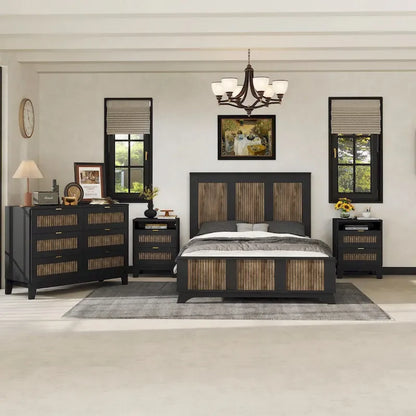 4-Piece Bedroom Set: Farmhouse Platform Bed, Nightstand, and Dresser with Metal Handles