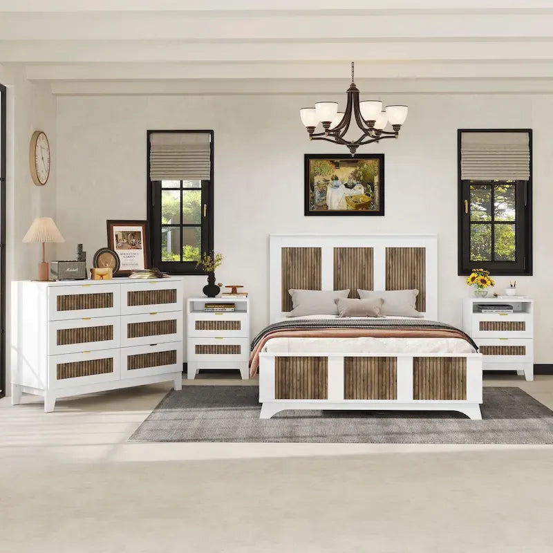 4-Piece Bedroom Set: Farmhouse Platform Bed, Nightstand, and Dresser with Metal Handles
