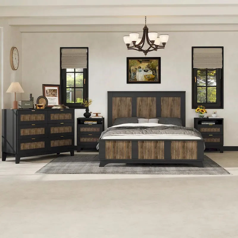 4-Piece Bedroom Set: Farmhouse Platform Bed, Nightstand, and Dresser with Metal Handles