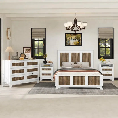 4-Piece Bedroom Set: Farmhouse Platform Bed, Nightstand, and Dresser with Metal Handles