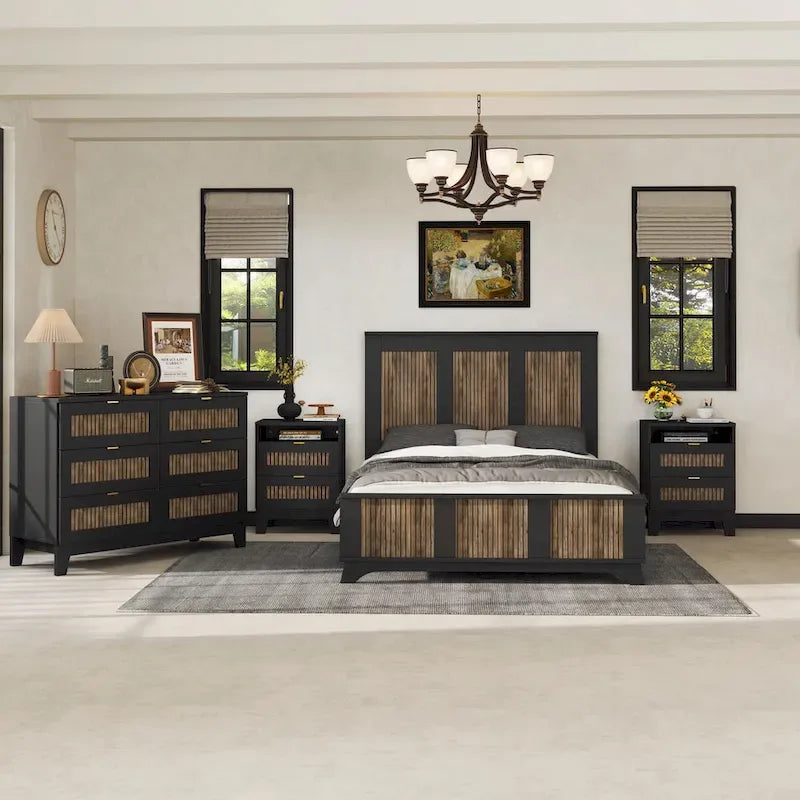 4-Piece Bedroom Set: Farmhouse Platform Bed, Nightstand, and Dresser with Metal Handles