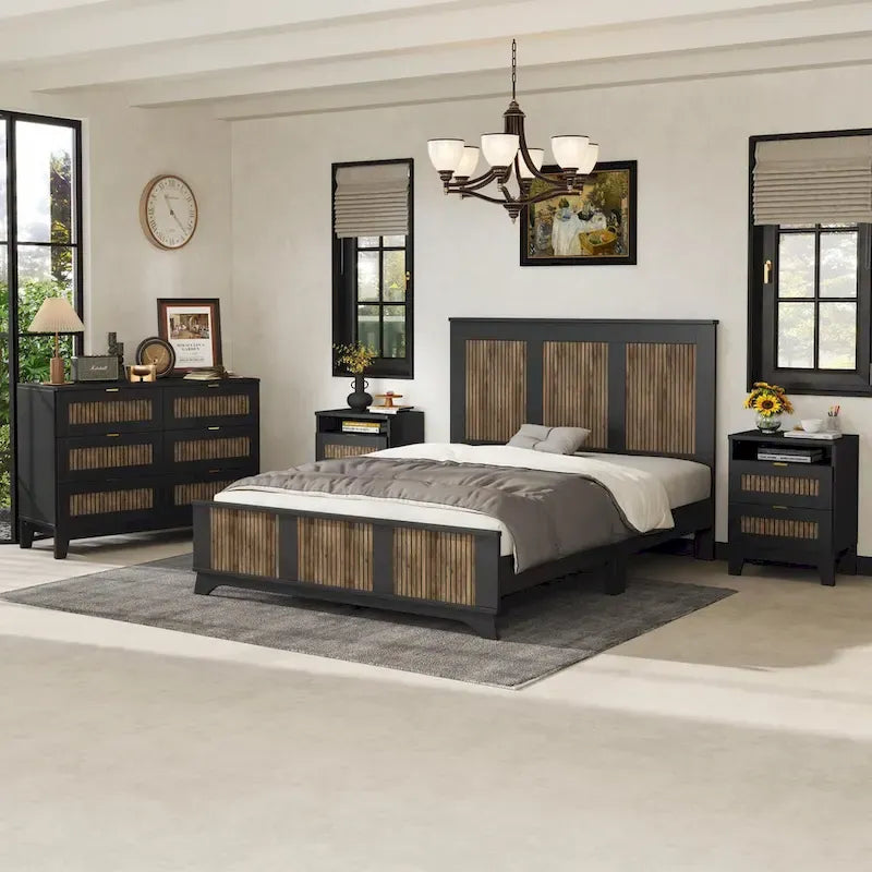 4-Piece Bedroom Set: Farmhouse Platform Bed, Nightstand, and Dresser with Metal Handles