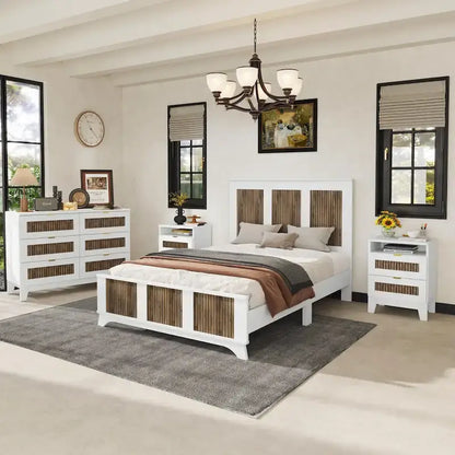 4-Piece Bedroom Set: Farmhouse Platform Bed, Nightstand, and Dresser with Metal Handles
