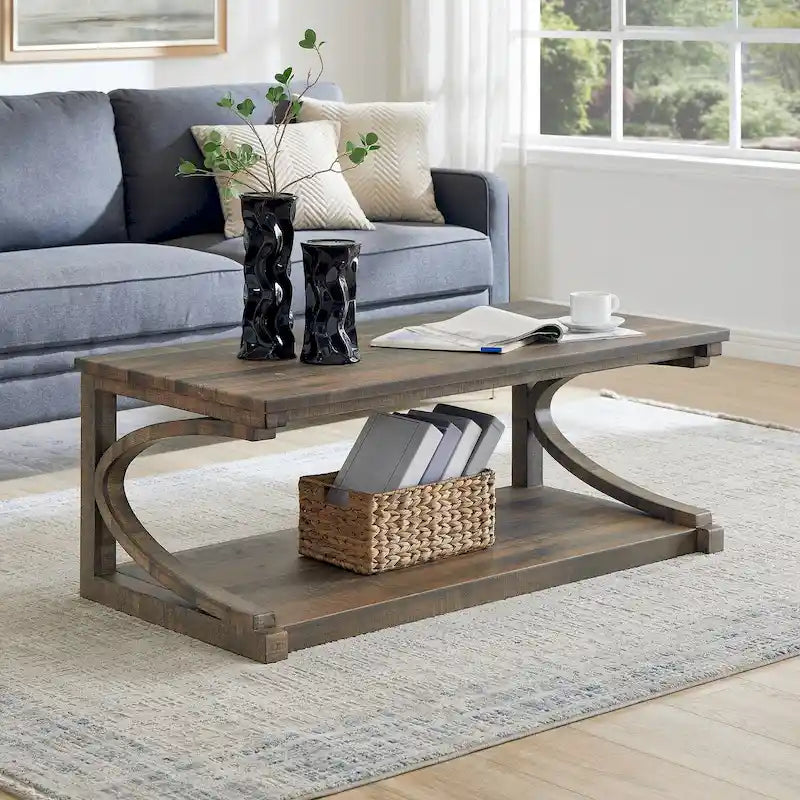 Unique Solid Wood Coffee Table with Storage Shelf