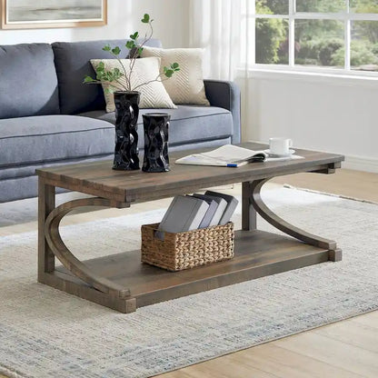 Unique Solid Wood Coffee Table with Storage Shelf