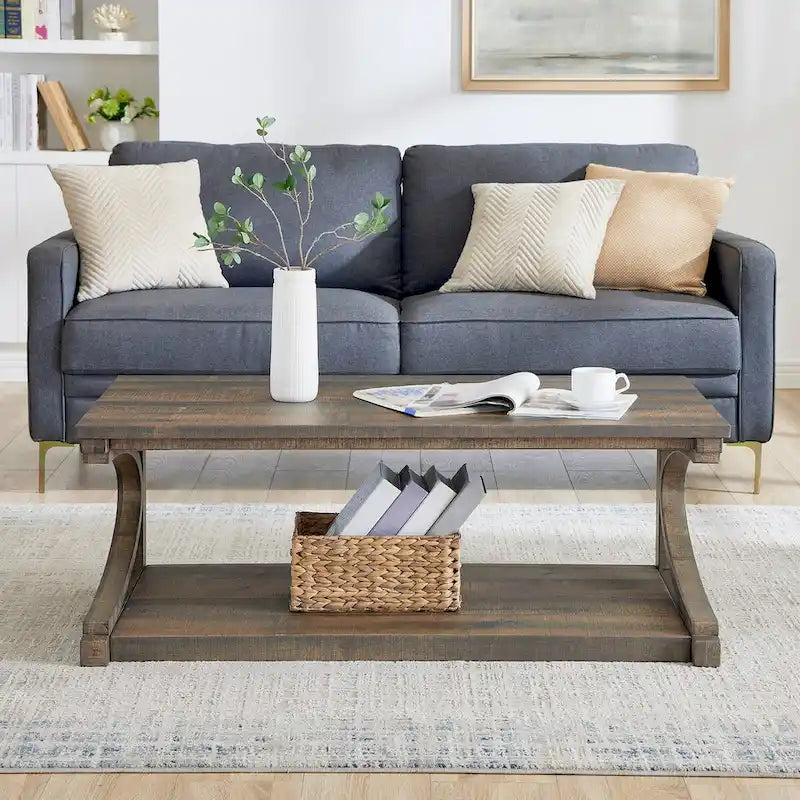 Unique Solid Wood Coffee Table with Storage Shelf