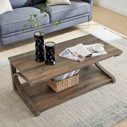 Unique Solid Wood Coffee Table with Storage Shelf